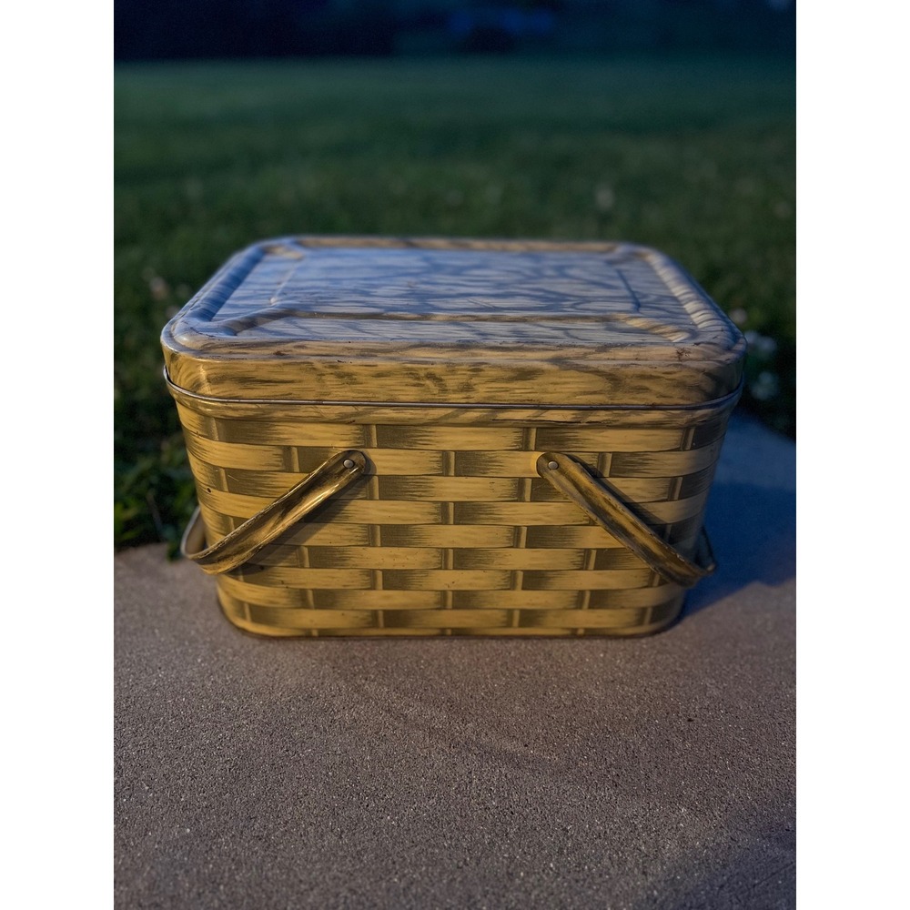 Vintage Metal Picnic Basket Tin Faux Basket Weave Litho Yellow Brown Hinged Lid